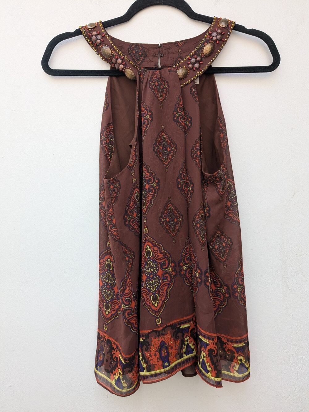 Eci New York Women's Blouse Top Geometric Beaded Brown Stones Size 10